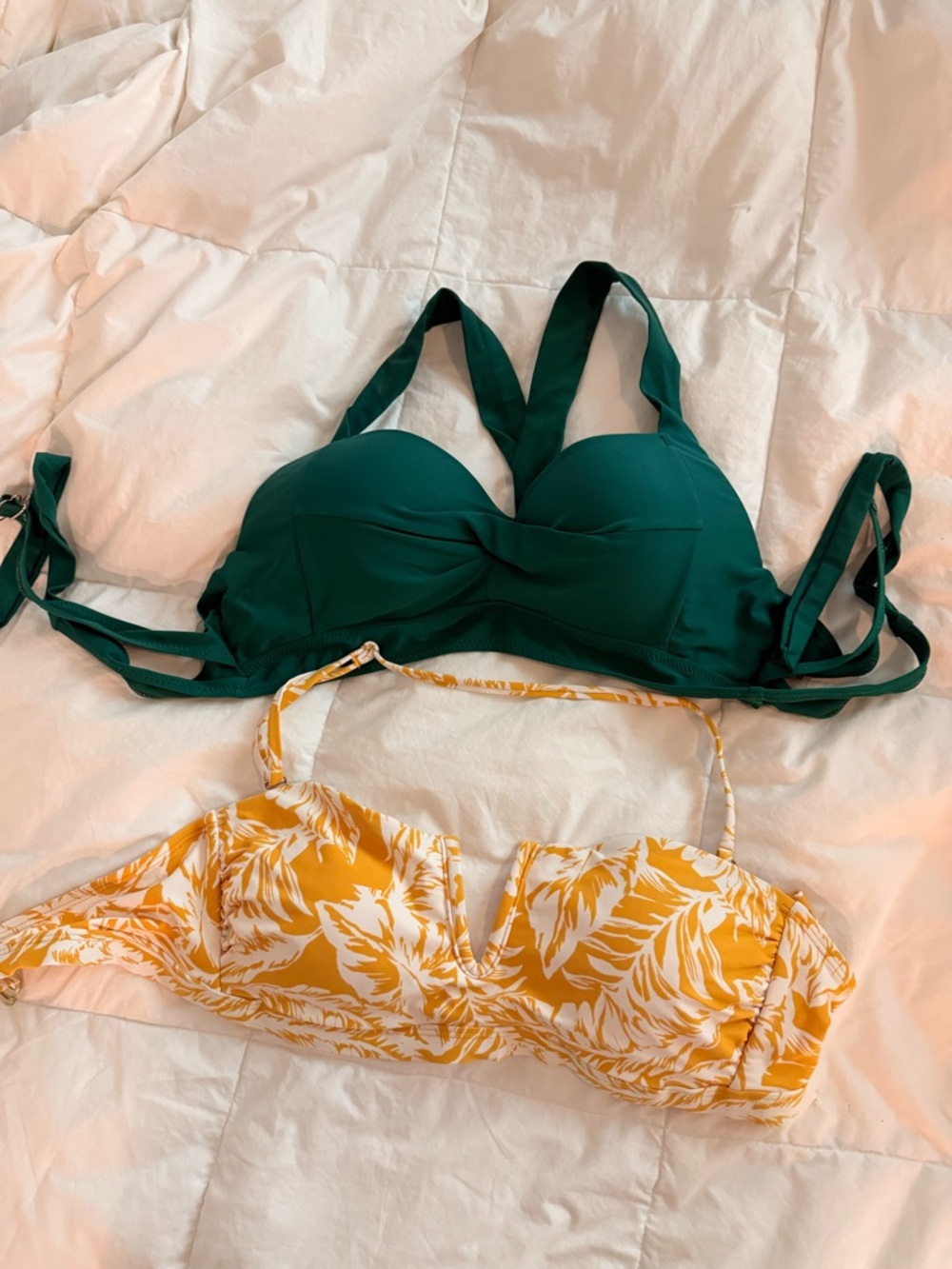 Emerald Green Bikini Top & Yellow Leaf Print Bandeau